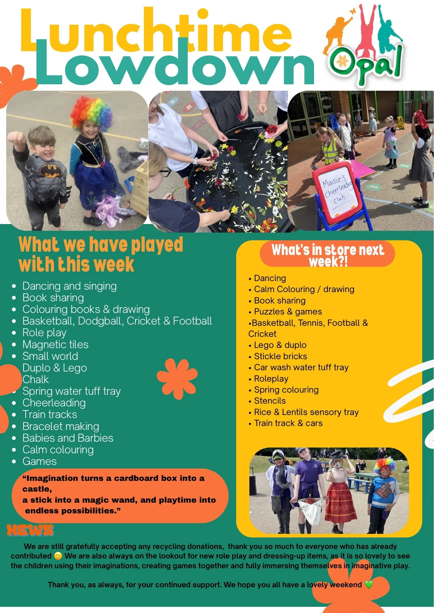 Lunchtime activity list for orton wistow primary school