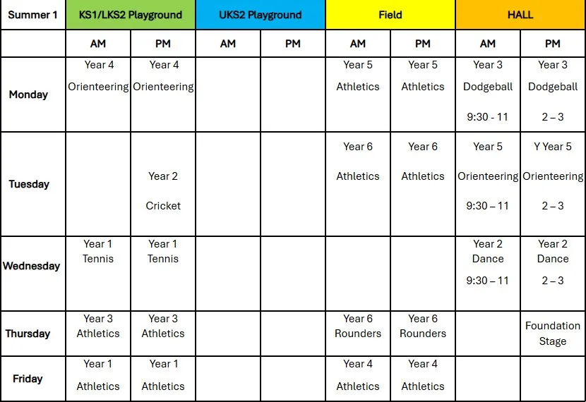 Summer PE Timetable for Orton Wistow Primary School